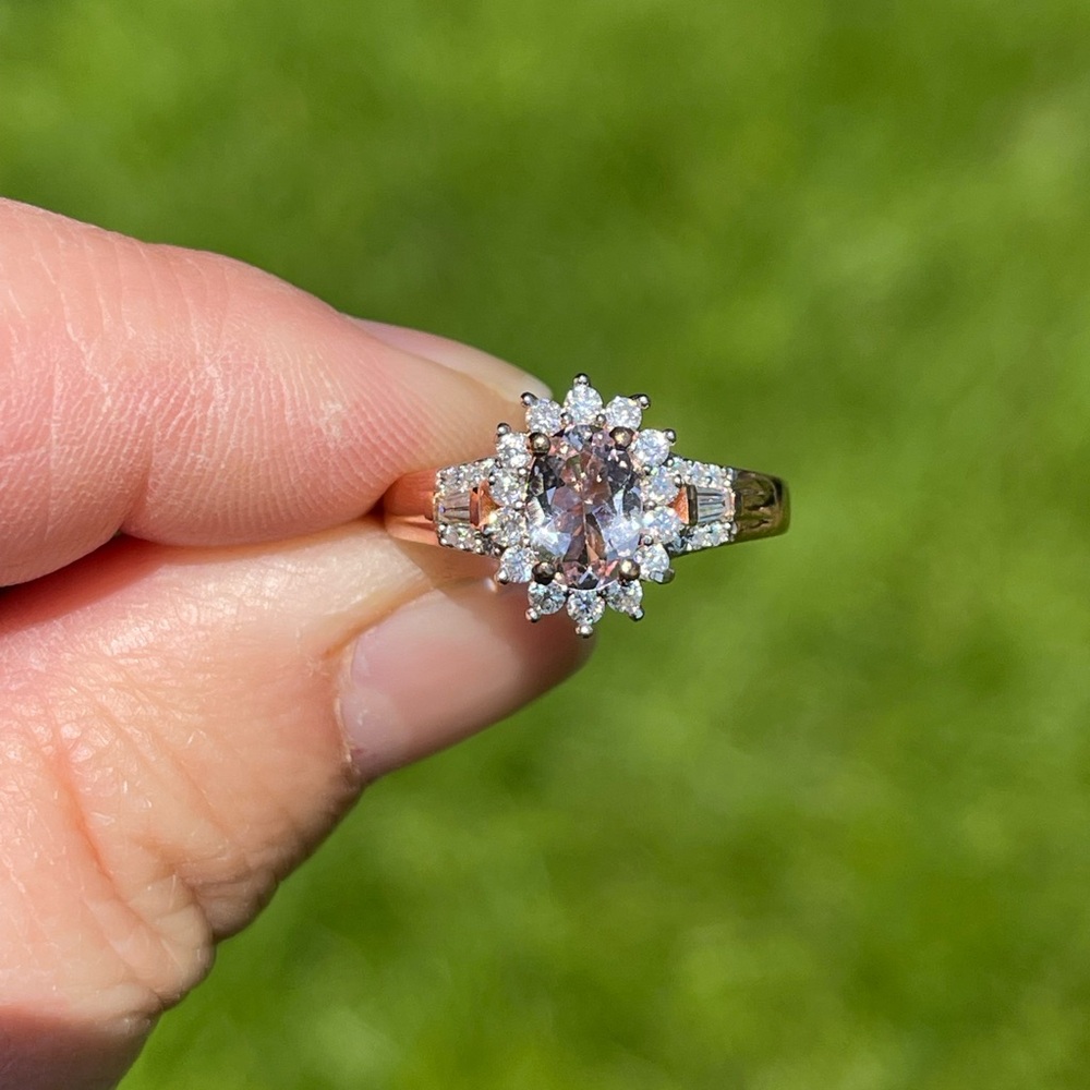 Pink morganite and moissanite ring